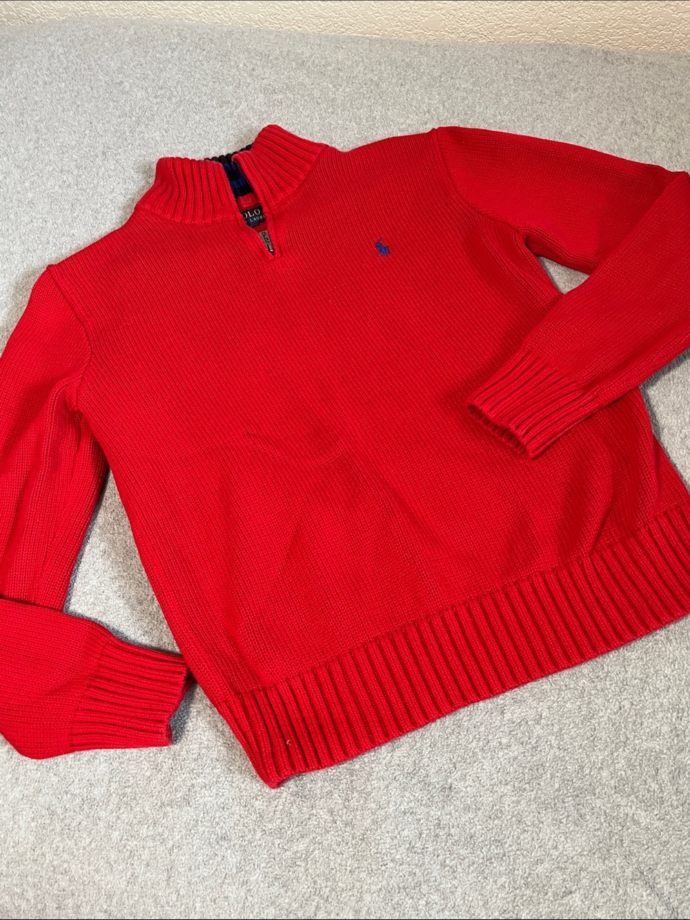 Boys Polo by Ralph Lauren Red Quarter-Zip Cotton Sweater Youth 12 Preppy